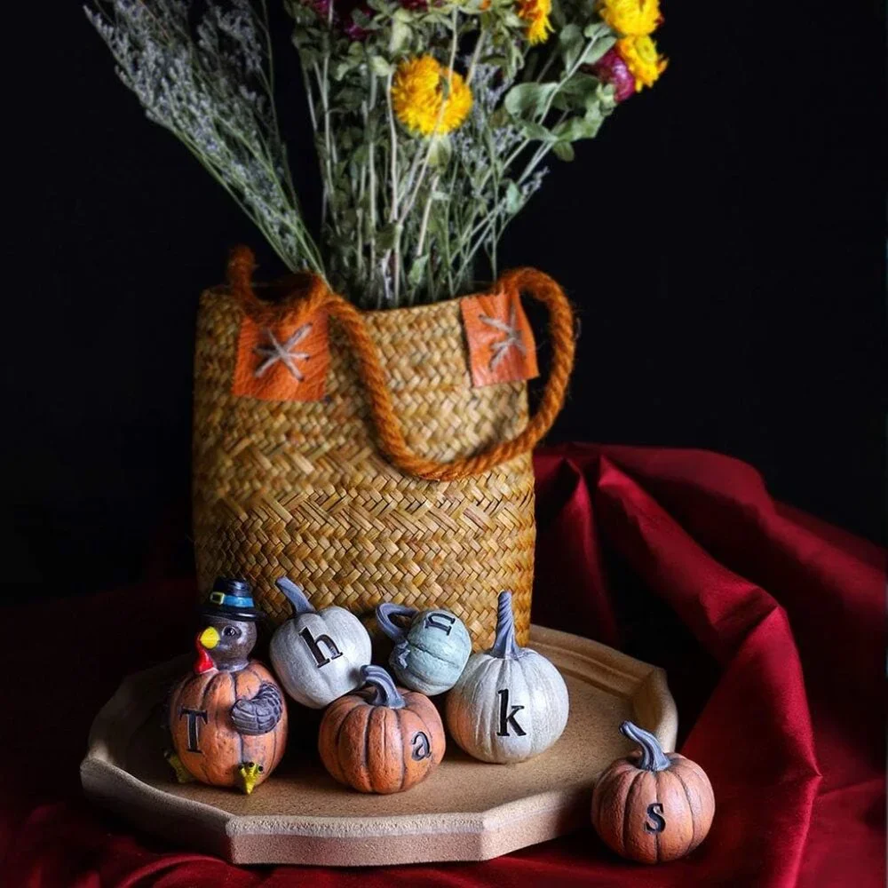 Set of 6 Hand-Painted Turkey Pumpkin with Engraved Thanksgiving Decoration